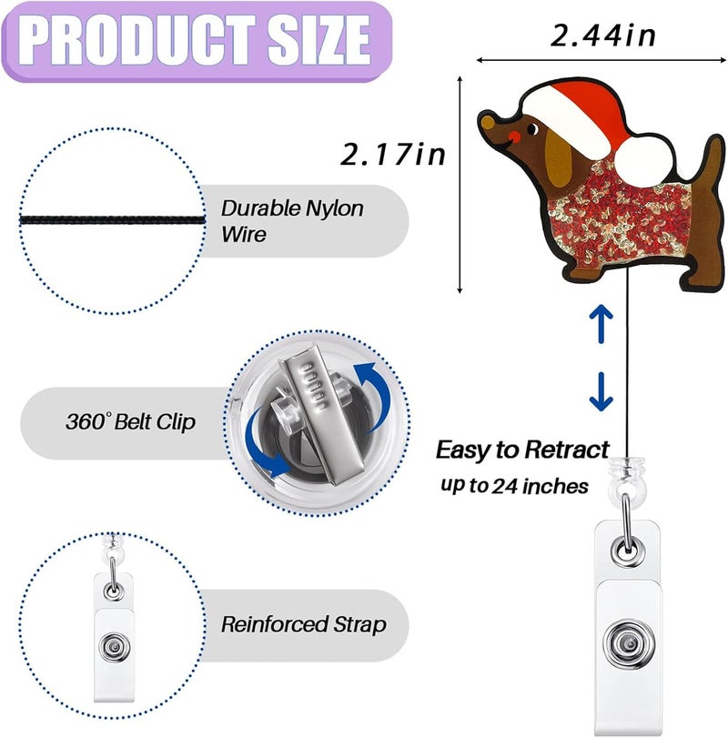 Bydevia Christmas Dachshund Shaker Badge Reel Retractable, Cute Wiener Dog Badge Reel for Nurse Nursing Student RN MA CNA Medical Worker & Teacher, Funny Nurse Gifts Holiday Badge Holder with Alligator Clip - Image 2